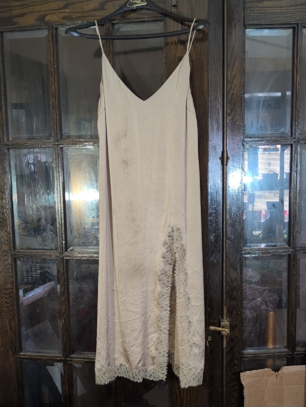 Aritzia Wilfred Satin Slip Dress with Lace Trim in Olive Beige